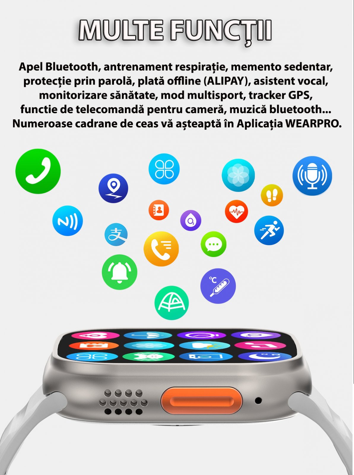 SmartWatch 1.99” cu Curea Extra, Apel Bluetooth, Încărcare Wireless, Monitorizare Sănătate & Notificări
