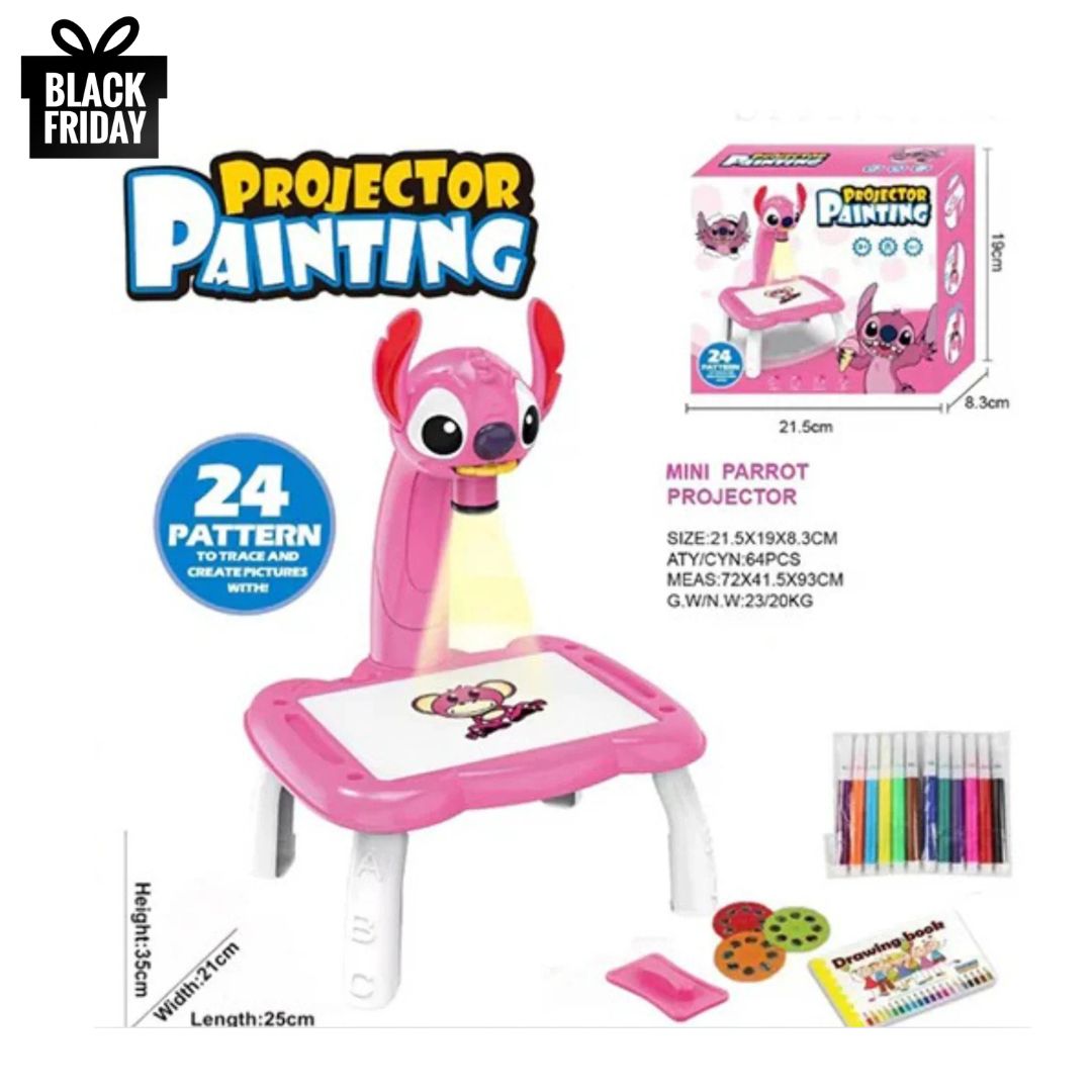 Masă de Desen cu Proiector pentru Copii, 3 Discuri cu 24 Șabloane, 12 Carioci, Muzică Relaxantă